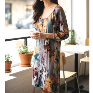 Uncle Frank Watercolor Floral Print 3/4 Sleeve Stretch Mini Dress, Made in USA